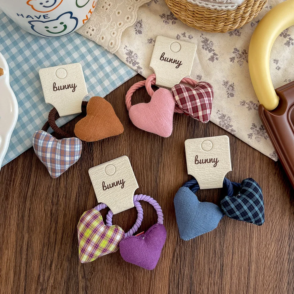 Banda elástica para el cabello de amor a cuadros coreanos, tela de algodón, accesorios para el cabello dulces para niños, banda de goma, tocado de cuerda para el cabello - imagen 4