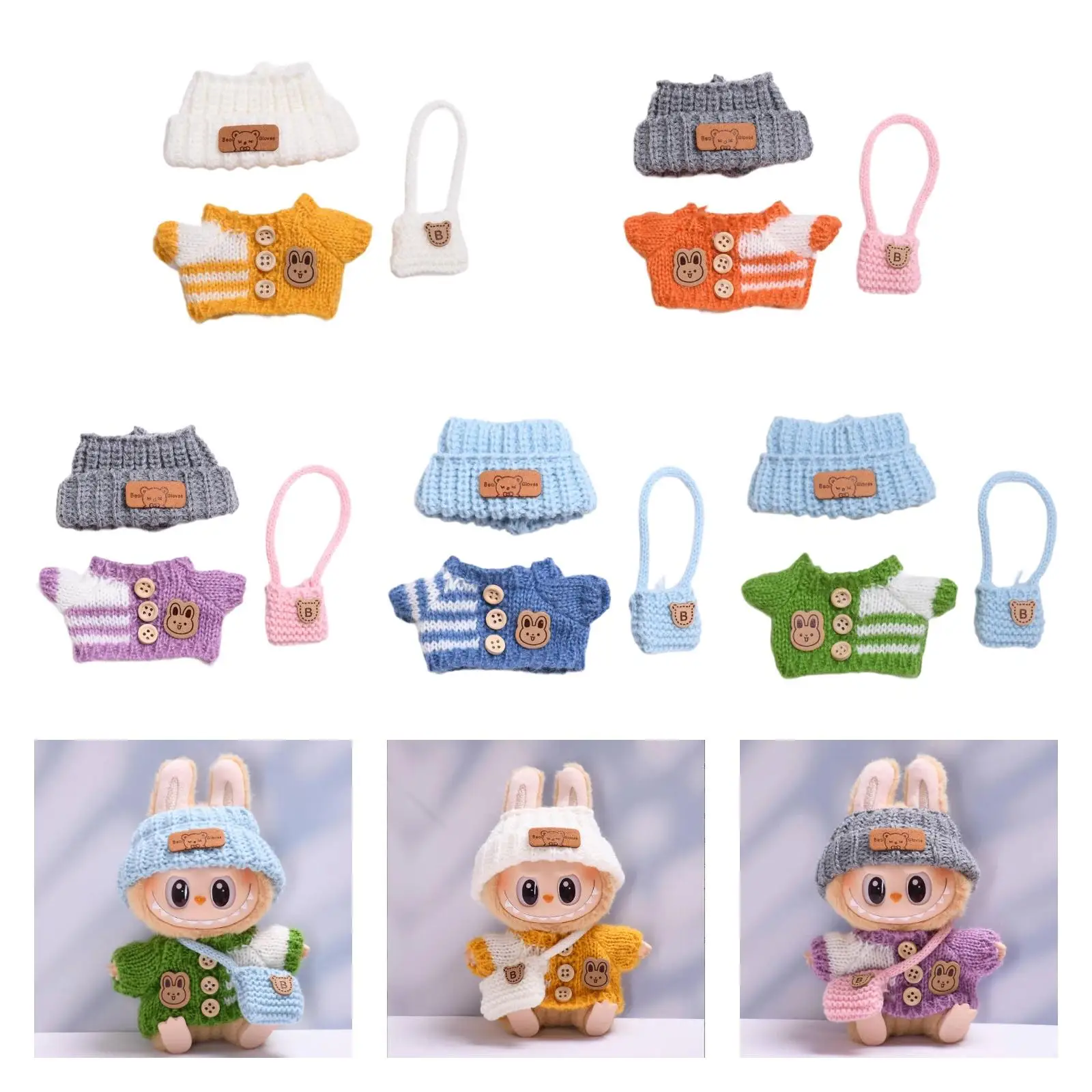 Ropa de muñeca de peluche de 3 piezas, Mini disfraz suave hecho a mano, accesorios para fotos, vestido de moda, trajes de suéter DIY para muñeca de 17cm - imagen 4