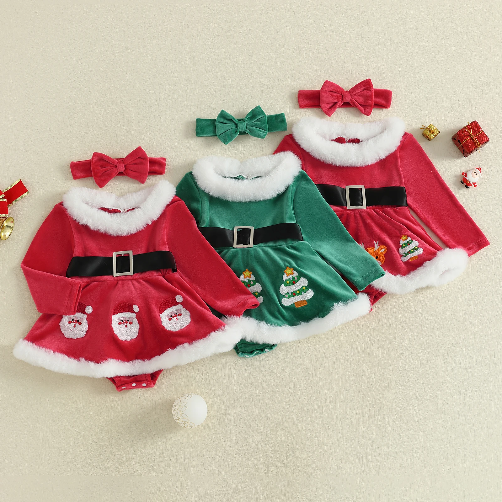 Body para niñas, traje de Navidad, mameluco bordado de manga larga, vestido con diadema, conjunto de ropa de Navidad de 2 piezas - imagen 2