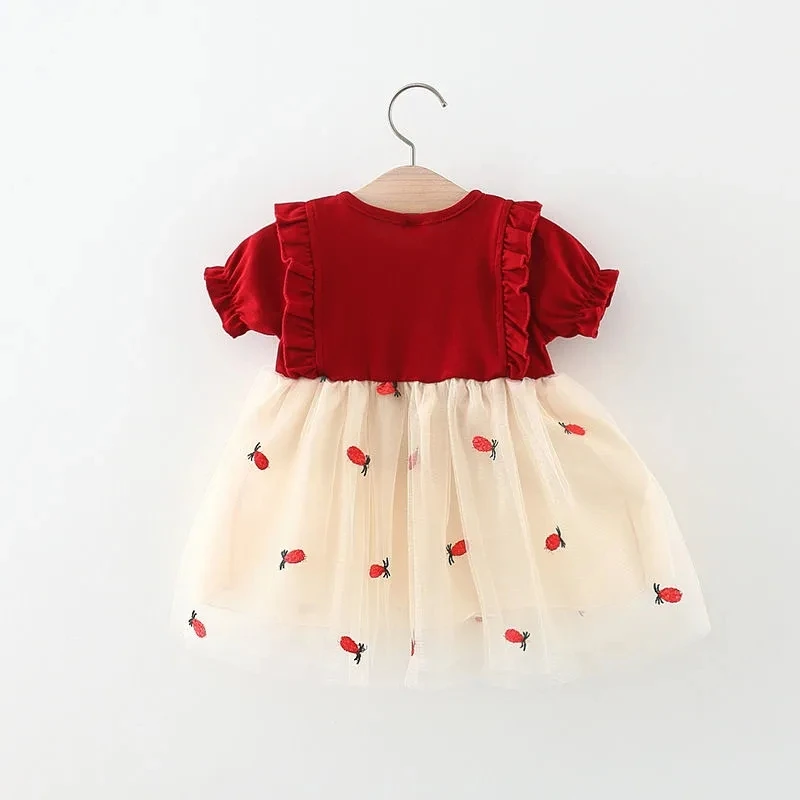 Vestido de princesa de estilo francés para primavera y otoño, vestido de cuello redondo para bebé, bonito vestido con estampado de fresa para niñas - imagen 4