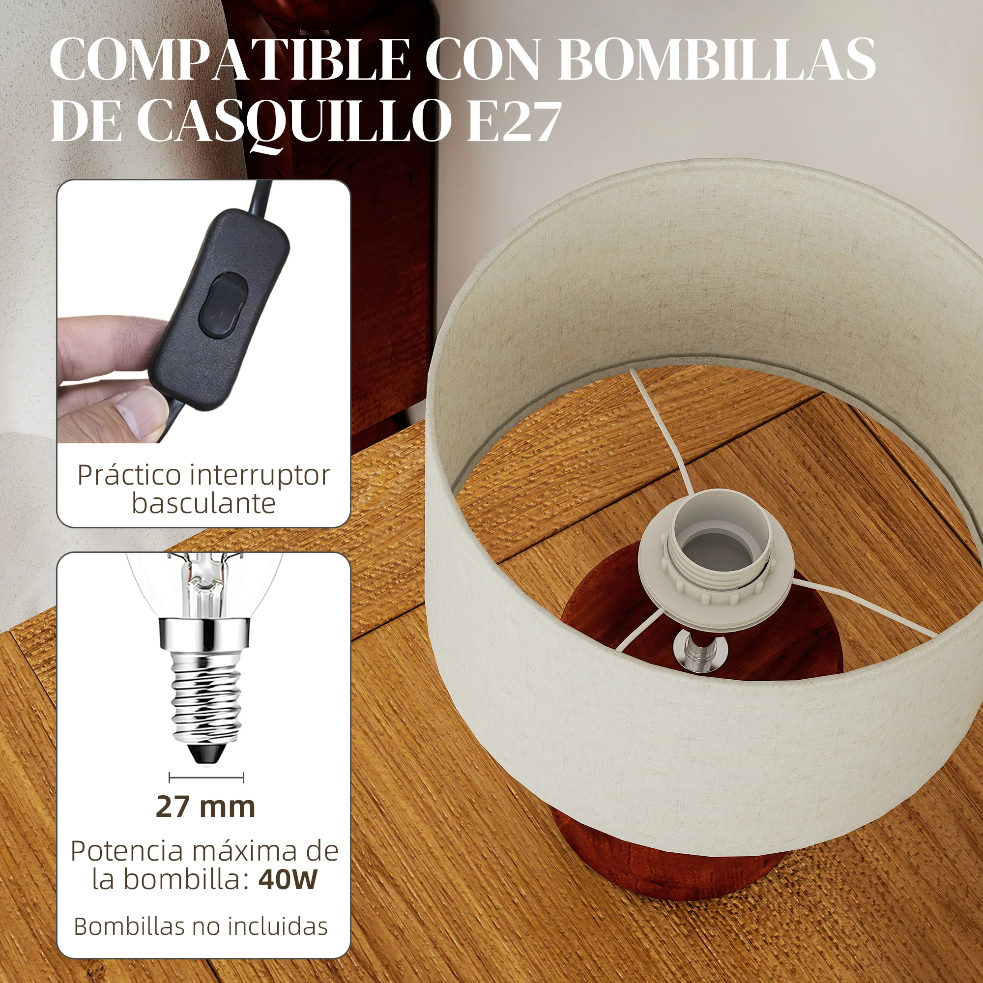 HOMCOM Lámpara de Mesa Rústica, Lámpara de Mesita de Noche con Base de Madera, Pantalla de Lino, Interruptor Basculante, para Dormitorio, Salón, E27, 40W, Marrón Oscuro - imagen 5