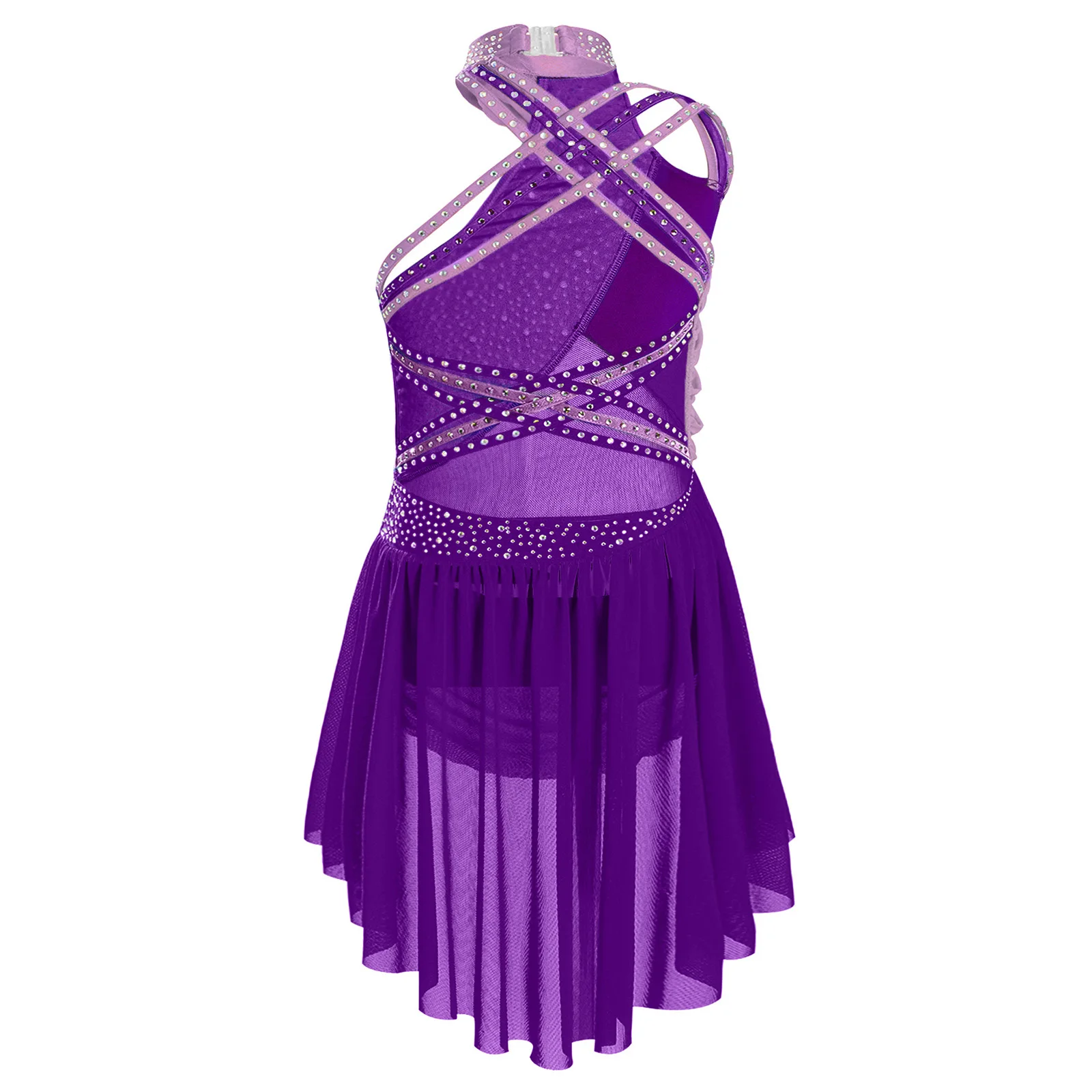 Vestido de leotardo de Ballet para niñas, traje de baile de patinaje artístico con diamantes de imitación, sin mangas, entrecruzado, con tiras en la espalda, Ropa de baile lírico - imagen 3