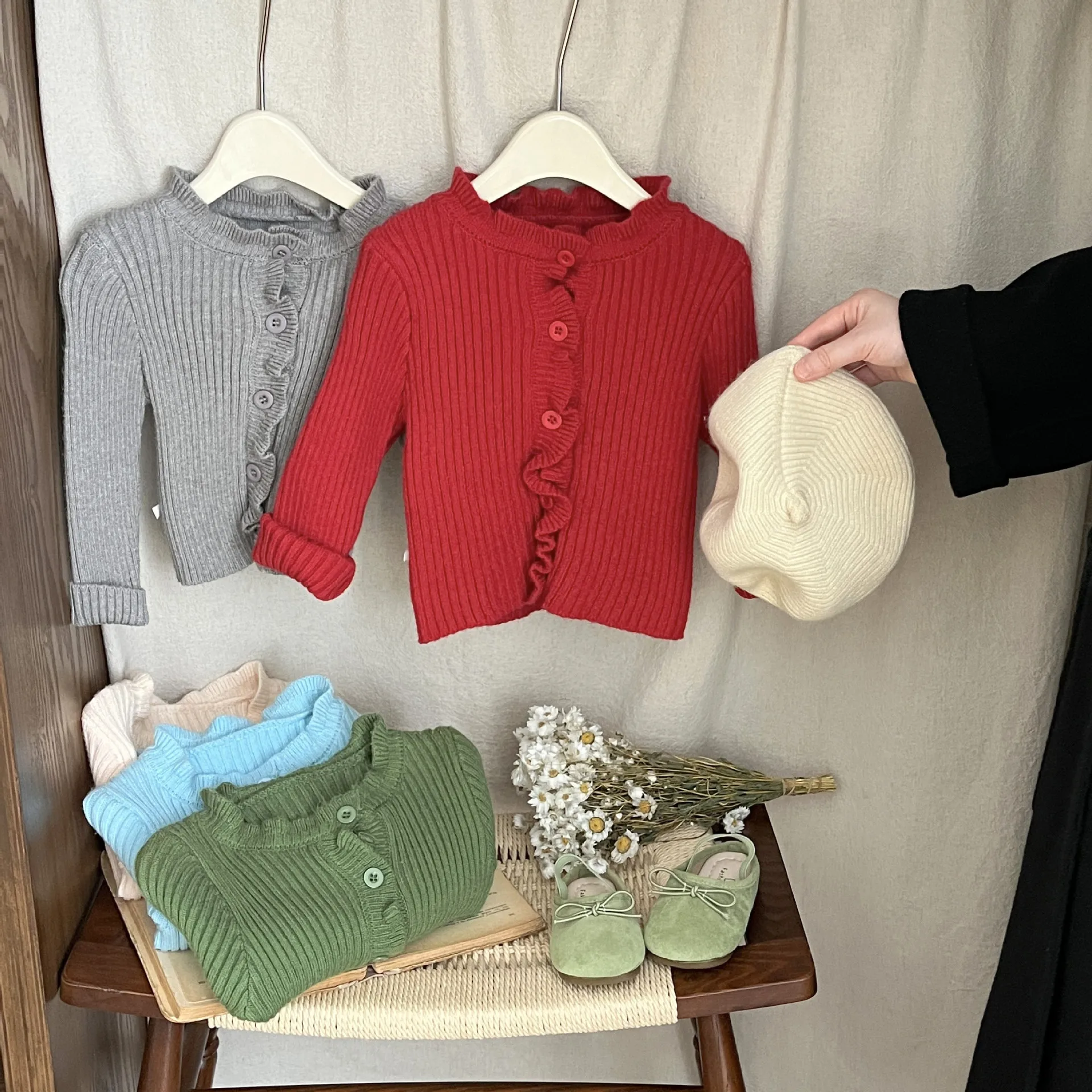 Suéter con borde de oreja para niña, ropa de otoño, cárdigan de Color sólido para bebé, abrigo, suéter de punto elegante para niño - imagen 2