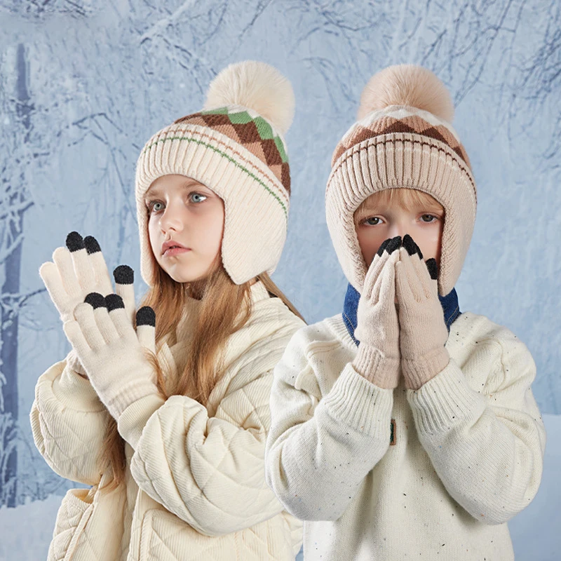 Gorros para niños, guantes, gorro de lana tejido con diamantes coloridos, gorros con protección para los oídos, suministros cálidos para exteriores, 2 uds., 2024 - imagen 2