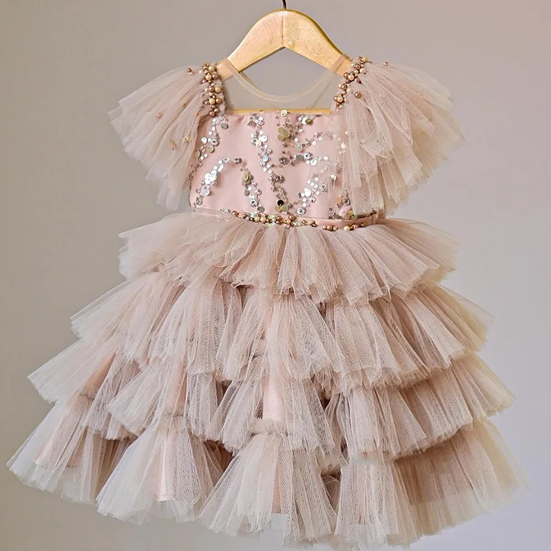 Vestido para niños 2025, nuevo vestido beige con tirantes en capas y lentejuelas para niñas, falda de malla esponjosa, pajarita