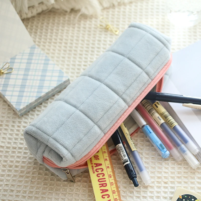 Bolsa de lápices de celosía de felpa, estuche de lápices Simple portátil con cremallera, caja de almacenamiento de papelería de gran capacidad, suministros escolares