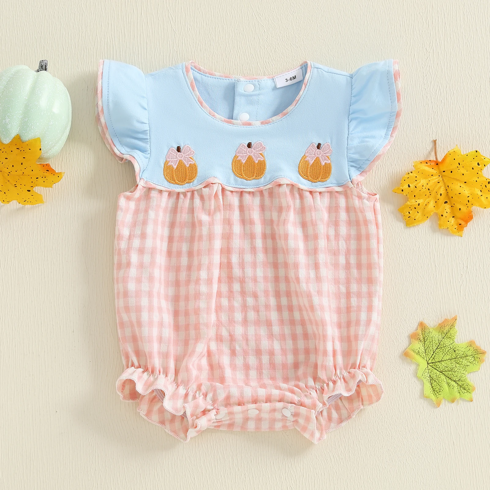 Pelele de verano para niña de 0 a 18 meses, mono con bordado de calabaza y manga voladora, mono de burbujas a cuadros