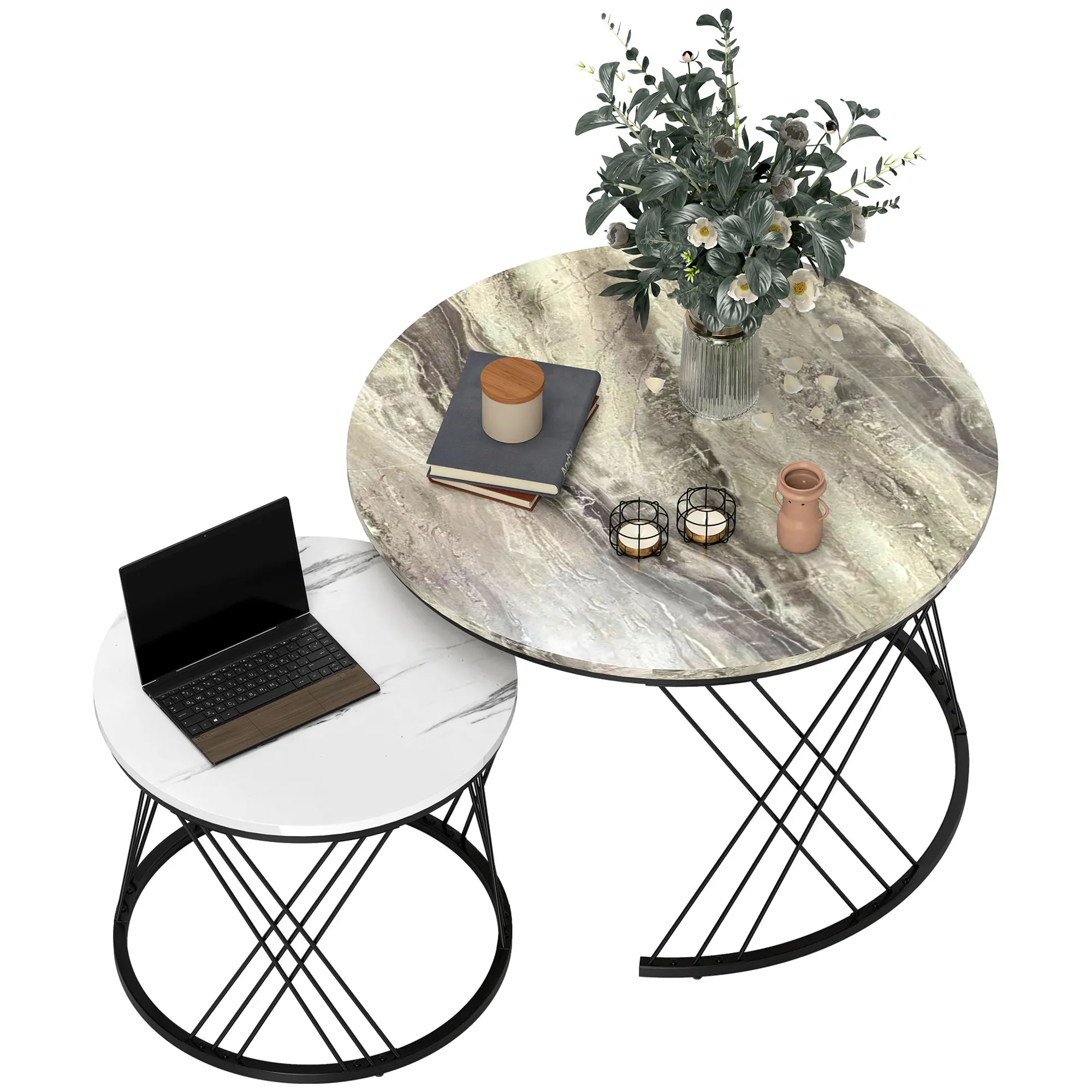 HOMCOM Juego de 2 Mesas Nido Mesas de Centro para Salón Redondas con Tablero con Diseño de Mármol Marco de Metal para Sala de Estar Dormitorio Gris y Blanco - imagen 2