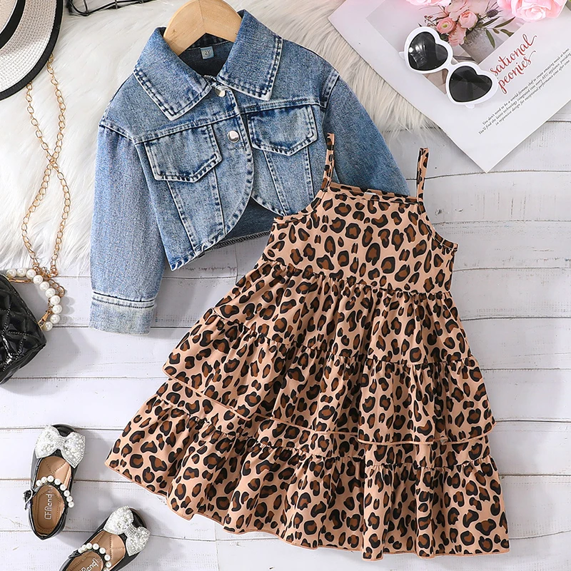 Ropa de primavera y otoño para niñas, abrigo vaquero de moda coreana + vestido con estampado de playa, ropa de Boutique para bebés, conjuntos para niños BC035 2 piezas - imagen 2