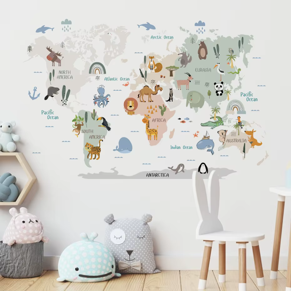 Pegatinas de pared vinilo mapa mundo infantil – Acuarela con animales - imagen 3