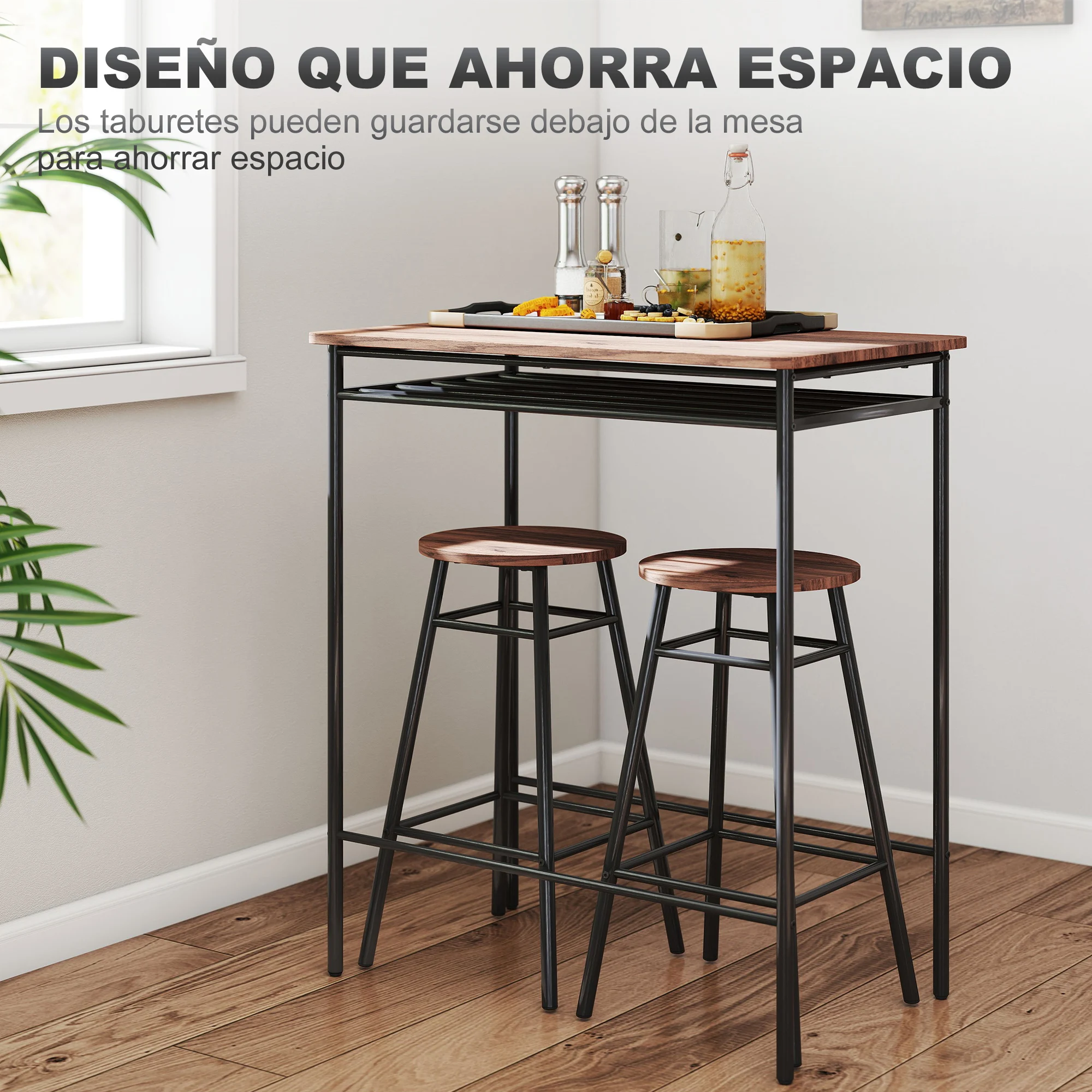 HOMCOM Juego de Mesa y Taburetes de Bar, Mesa Alta de Cocina con 2 Taburetes Industrial, Estante Abierto, Reposapiés, Ahorro de Espacio, para Espacios Reducidos, Comedor, Salón, Marrón - imagen 3
