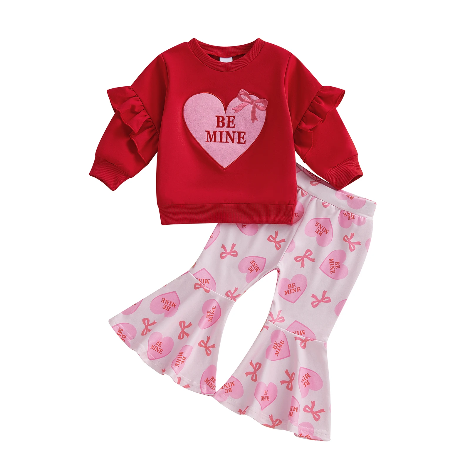 Conjunto San Valentín niña con corazón bordado, manga larga y pantalón