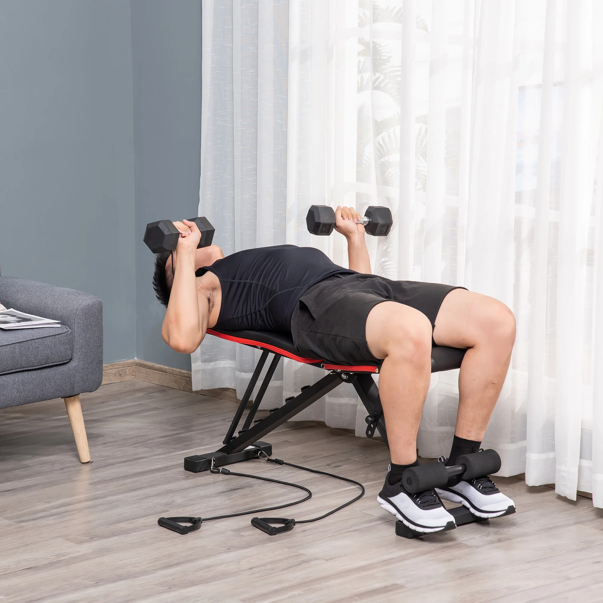 HOMCOM Banco de Musculación Plegable, Banco de Pesas, Respaldo y Asiento Ajustables, Extensión de Pierna, Cojín de Predicador y Banda de Resistencia, para Entrenamiento Completo, Gimnasio en Casa - imagen 2