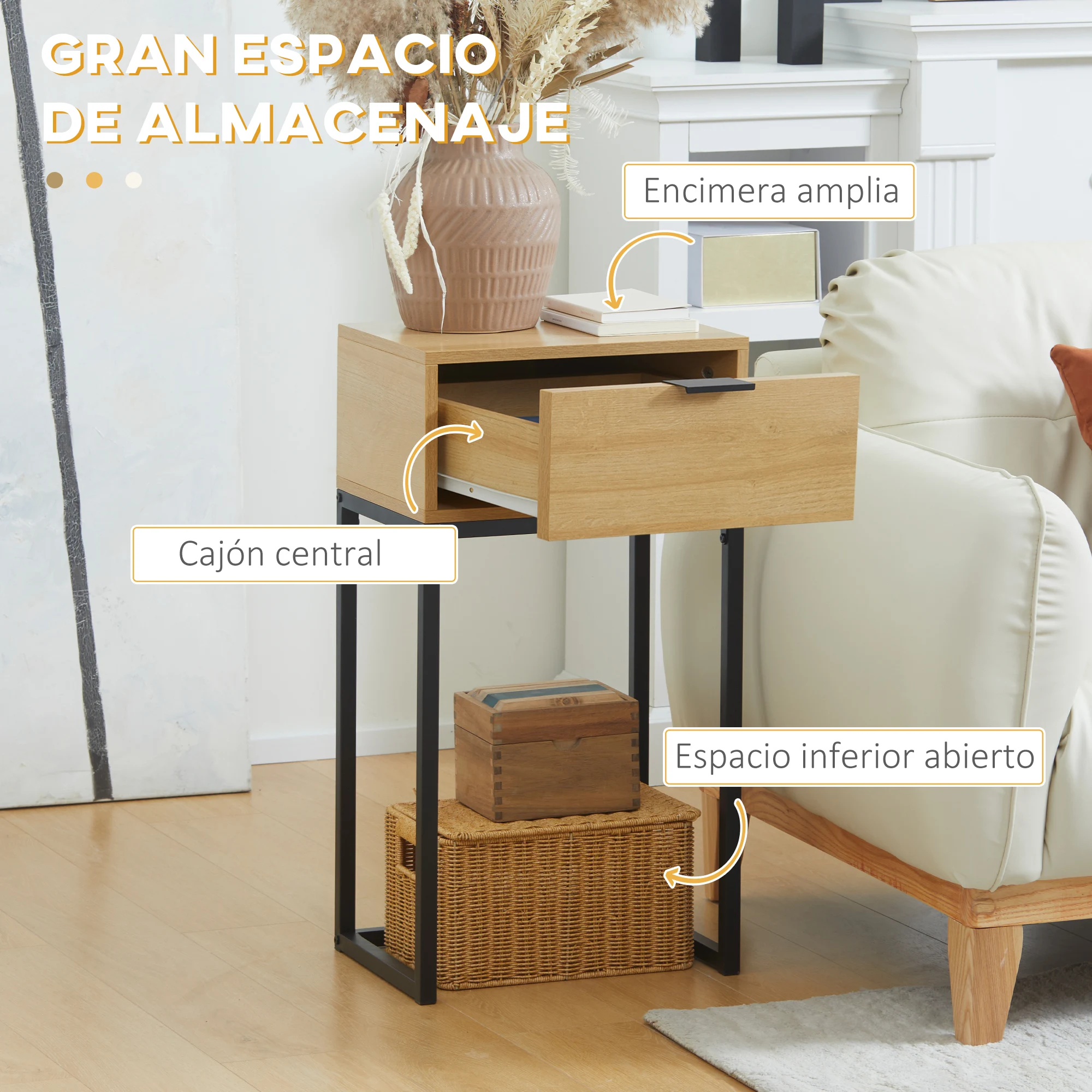 HOMCOM Mesa Auxiliar para Sofá Mesita Auxiliar Moderna con Cajón con Patas de Acero para Pasillo Salón Dormitorio 40x30x76 cm Natural - imagen 5