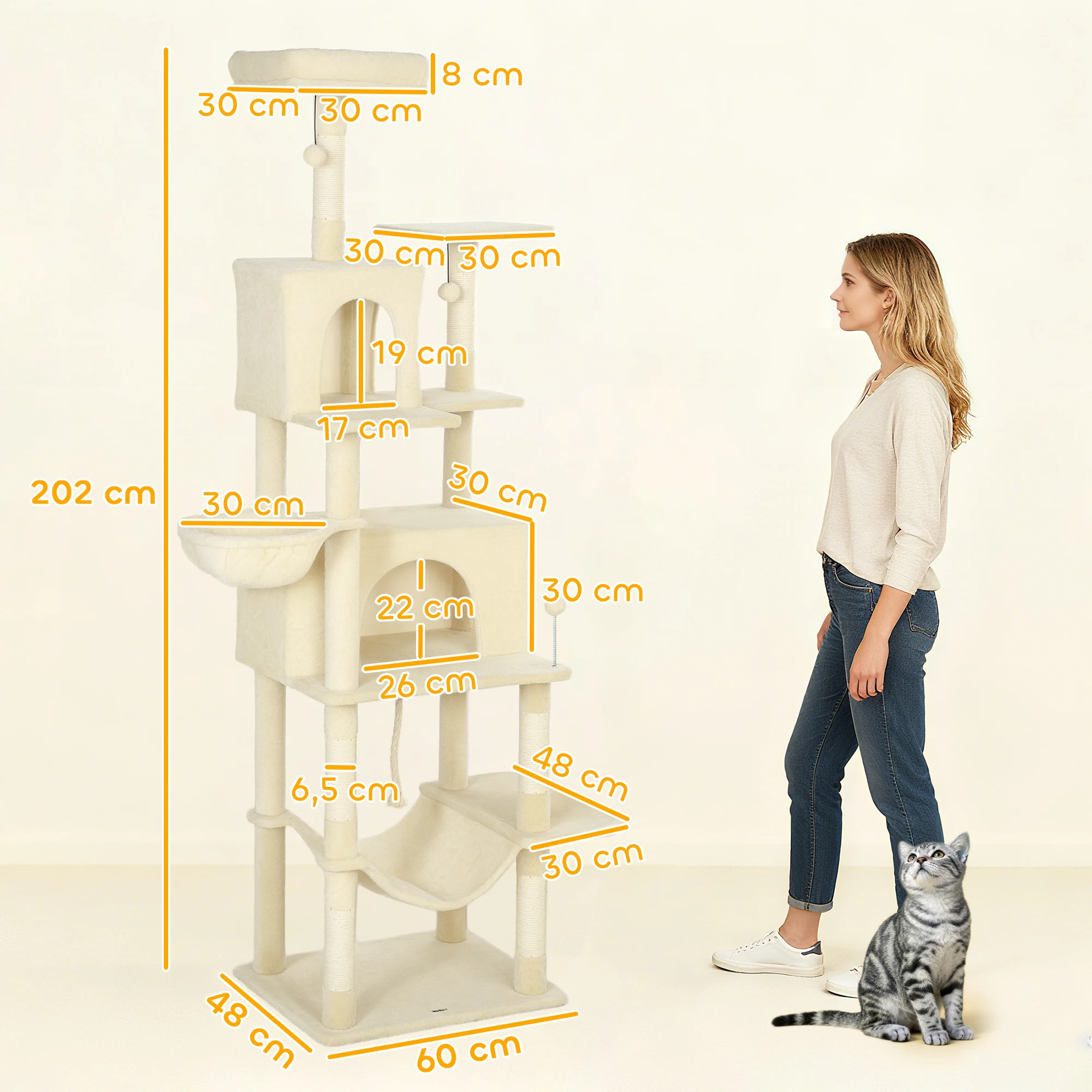 PawHut Árbol Rascador para Gatos, Árbol para Gatos 202 cm, Torre Escalador con Plataformas, Cama, Cuevas, Postes de Sisal, Bolas y Cuerda para Jugar - imagen 4