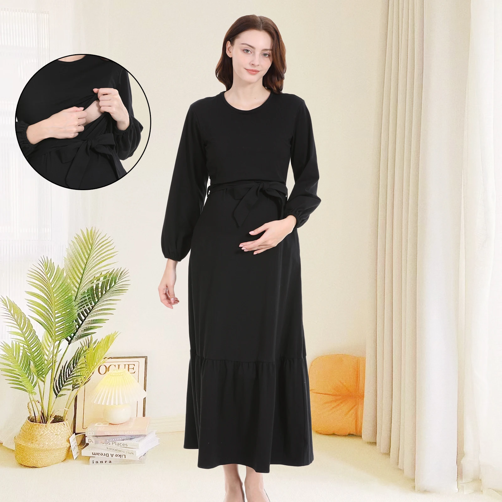 Vestido de maternidad liso para mujer embarazada, ropa de lactancia, vestido largo plisado informal, talla grande, primavera y otoño