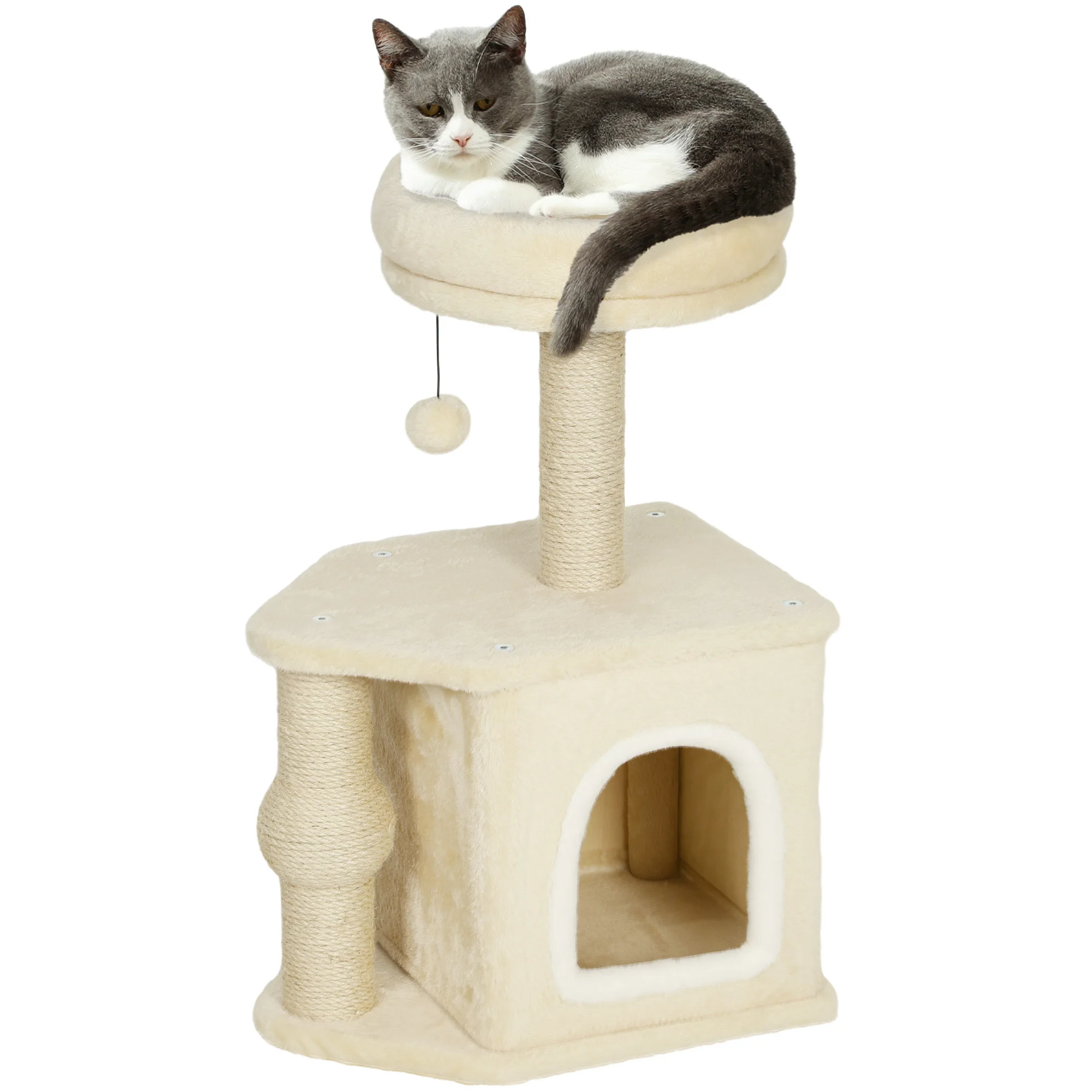 PawHut Árbol Rascador para Gatos Altura 66 cm Árbol para Gatos Torre para Gatos con Cama Cueva Plataforma Bola Colgante y Poste de Yute Beige