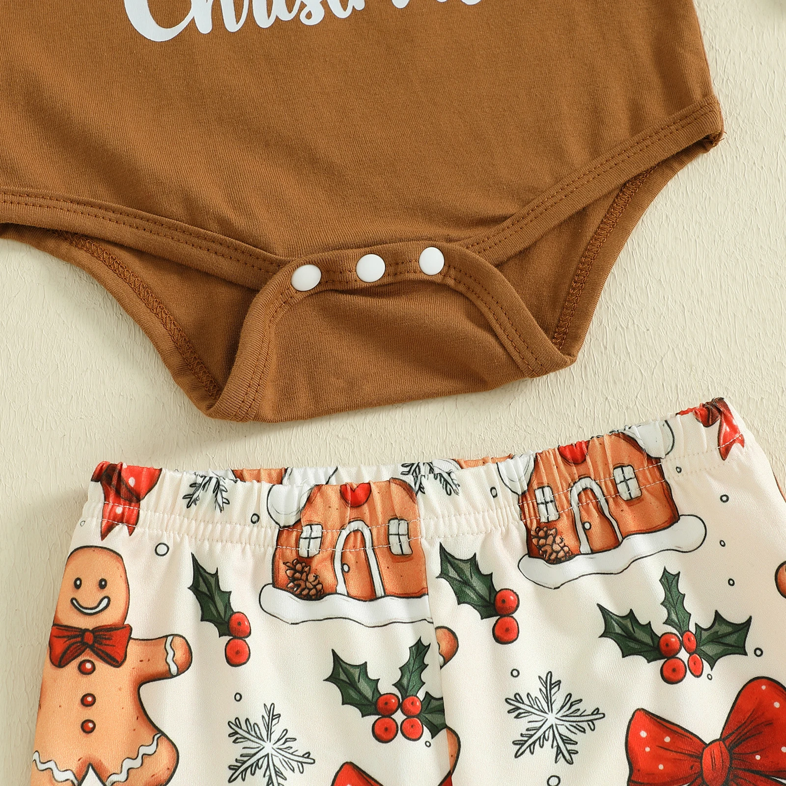 Conjuntos de pantalones navideños para niñas de 0 a 18 meses, pelele con estampado de letras y cuello redondo de manga larga, pantalones con estampado de pan de jengibre, conjuntos con diadema - imagen 5