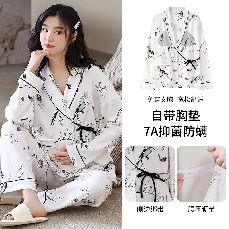 Pijamas de maternidad con diseño de cuello en V, ropa de dormir para mujeres embarazadas, Otoño Invierno, pantalones superiores, ropa de dormir para embarazo - imagen 4