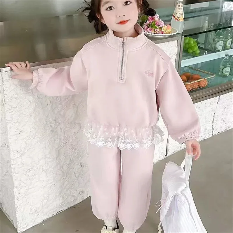 Conjunto de sudadera y pantalón infantil – Diseño con encaje para primavera