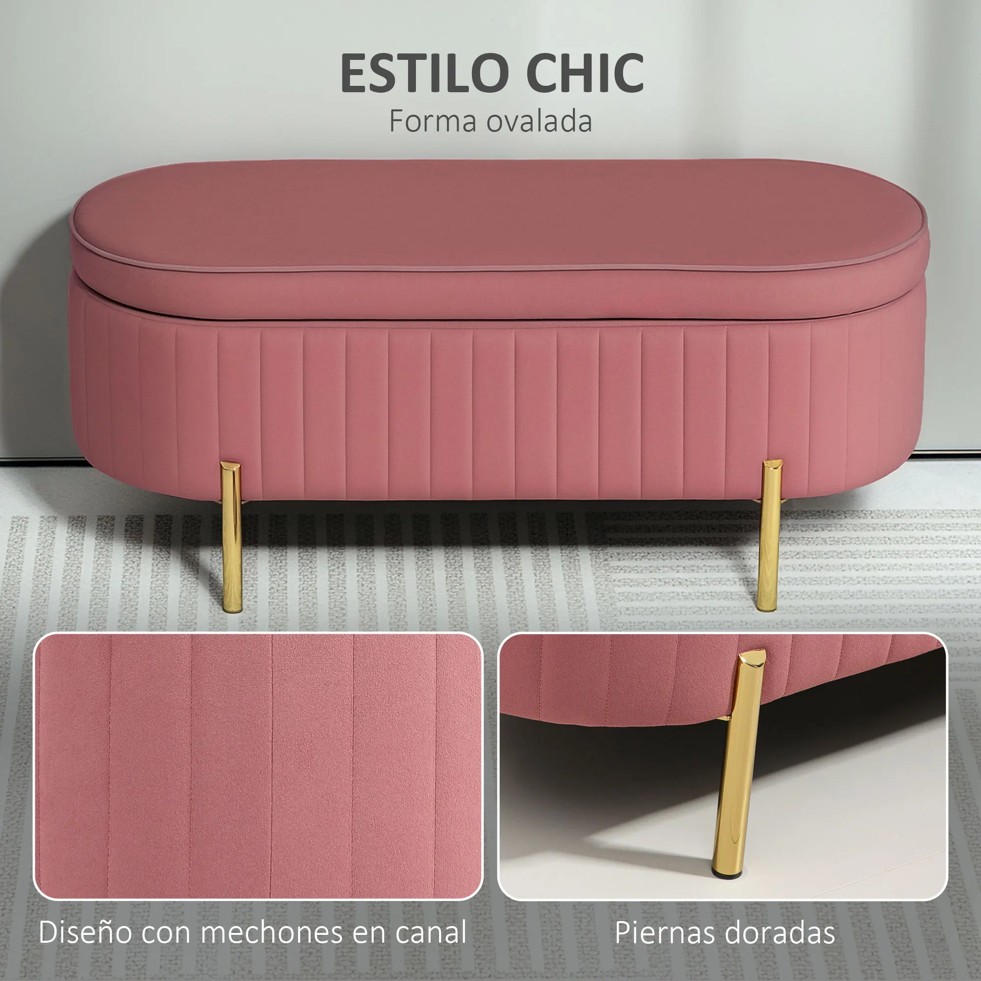 HOMCOM Banco Pie de Cama Tapizado en Terciopelo Puff Almacenaje con Espacio de Almacenaje y Patas Doradas Banqueta para Dormitorio Entrada 108x44x43,5 cm Rosa - imagen 5