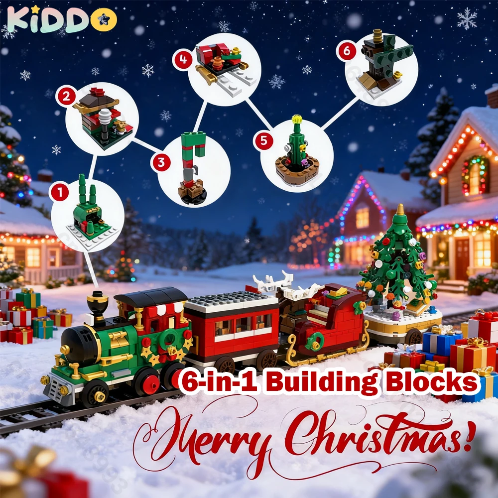    Pueblo tren de Navidad casa de vacaciones trineo carro árbol de Navidad modelo bloques de construcción montaje niños regalo de Navidad