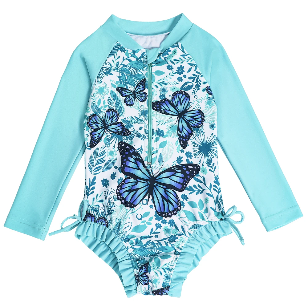 Traje de baño niña manga larga diseño mariposa una pieza secado rápido