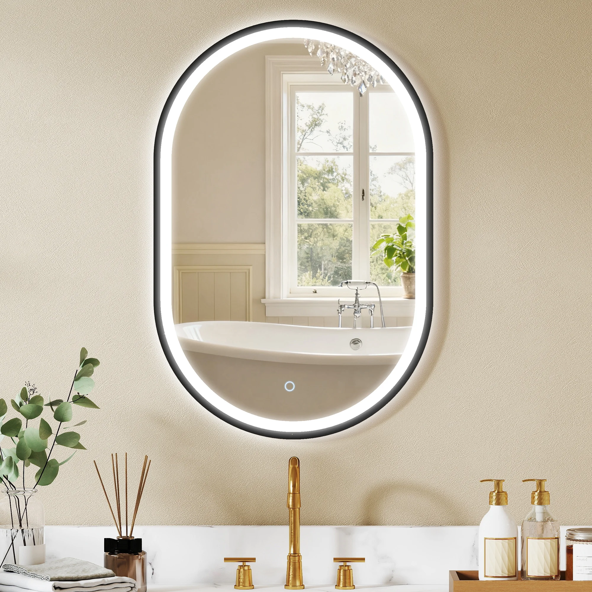 HOMCOM Espejo de Baño con Luz, 60x90 cm, Espejo de Pared Ovalado, 3 Colores de Luz, Brillo Regulable, Función Antivaho, Memoria, Interruptor Táctil, Marco de Aluminio, IP44, Negro