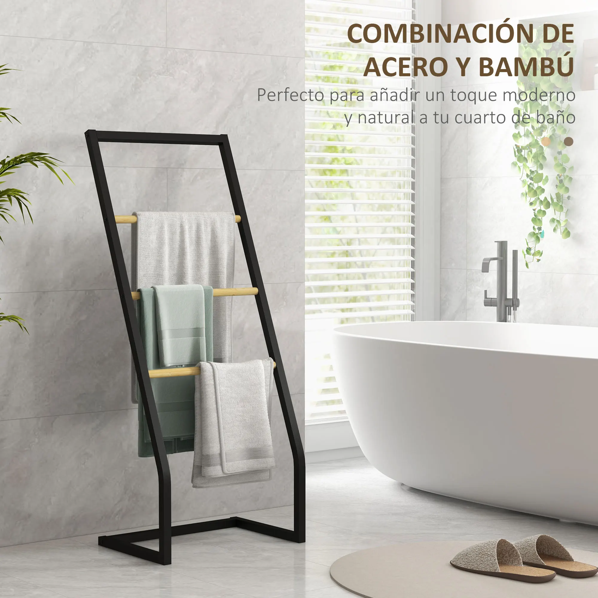 HOMCOM Toallero de Pie Toallero para Baño con 4 Barras de Bambú y Acero para Lavadero 40,5x28x98 cm Negro y Natural - imagen 4