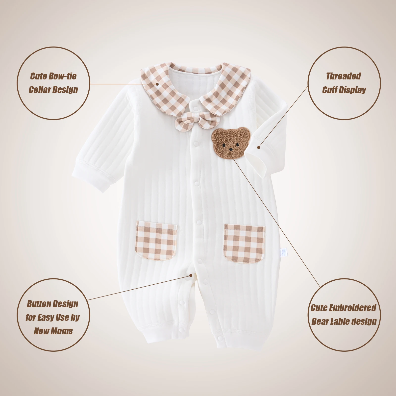 Mono para bebé recién nacido, ropa de invierno, pelele grueso para niños y niñas, mono bonito con bordado de oso, ropa de otoño de 0-1-3-6M - imagen 3