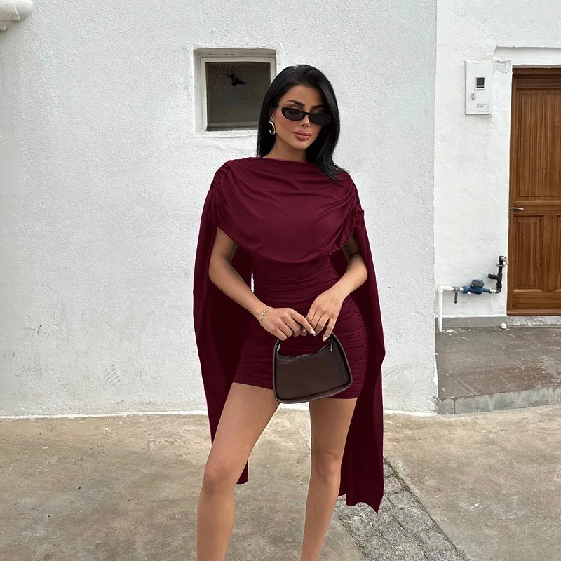 Nuevo vestido ajustado con cuello vuelto para mujer, Falda corta de cintura alta de Color sólido, traje Sexy con chal para reuniones de Halloween - imagen 5