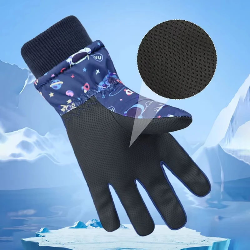 Guantes de esquí para niños, guantes cálidos de Snowboard gruesos impermeables de alta calidad para invierno, guantes de esquí térmicos cálidos con revestimiento antideslizante de dibujos animados - imagen 4