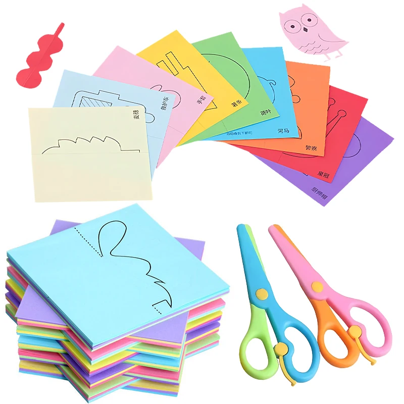 Juego de corte de papel de 48/96 hojas, corte de papel colorido con tijeras, bricolaje, hecho a mano, cognición, animales, frutas, papel, regalo artesanal ZYF