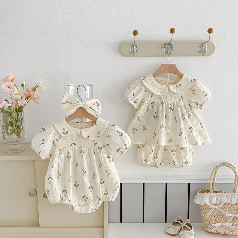 New Summer Infant Tulip Bodysuit with Hair Band 0-3T Cute Printing Flower Girls Shirt +Shorts Clothes Set - imagen 2