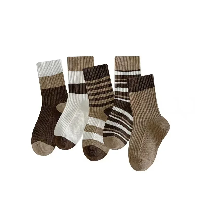 5 par/set de calcetines de pantorrilla de Color café Beige para niños, calcetines deportivos a rayas a la moda para niños, calcetines escolares de algodón suave para primavera y otoño - imagen 5