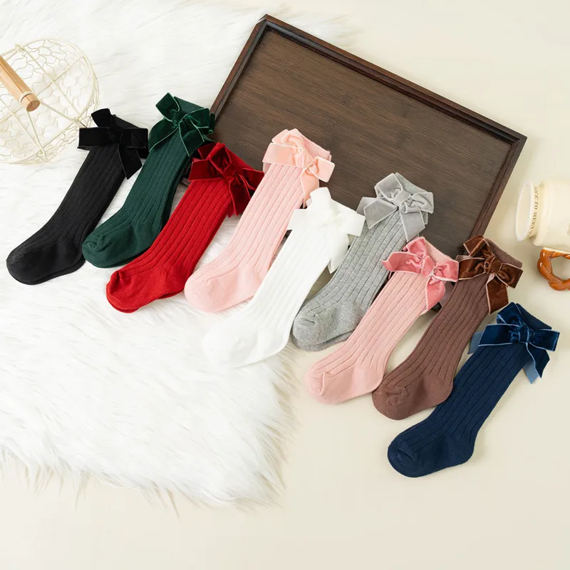 Otoño Invierno, calcetines hasta la rodilla con lazo para niñas, calcetines de princesa de tubo para niños pequeños, calcetines tejidos, calentador de piernas bonito de 0 a 8 años - imagen 3