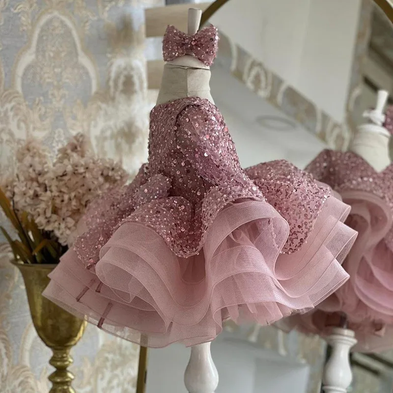 Vestido de princesa con lentejuelas rosas para niña, vestido formal de tul hinchado de manga larga para ocasiones especiales, vestido de lentejuelas para niña - imagen 3