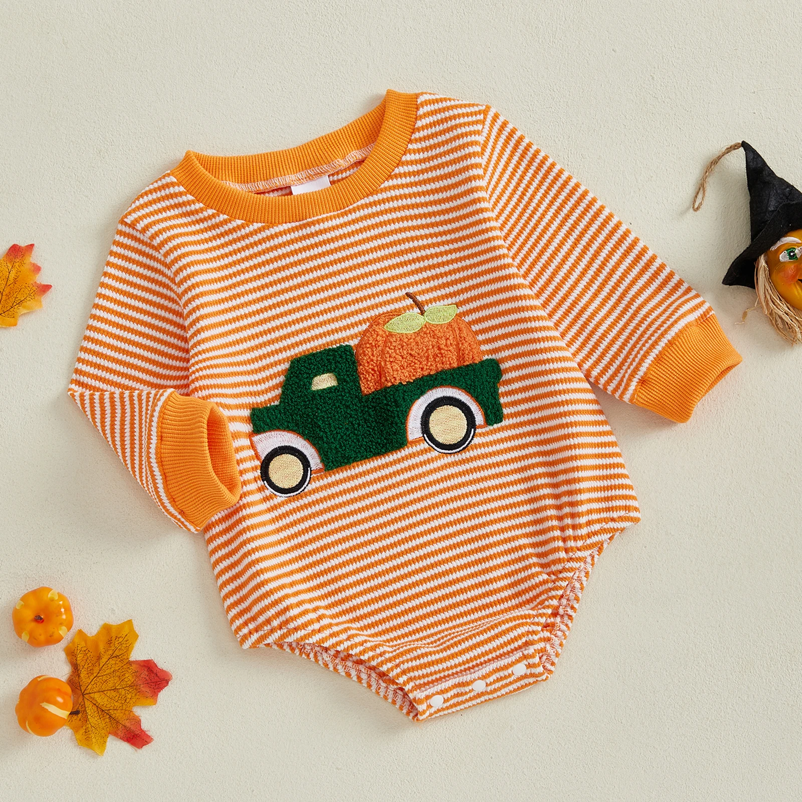 SUNSIOM 0-18 meses bebé Halloween raya gofre mameluco calabaza camión bordado manga larga cuello redondo mono - imagen 3