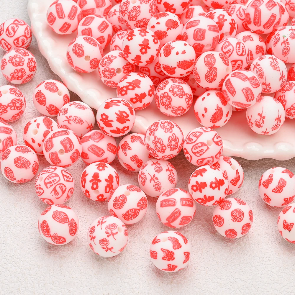 10 Uds. De cuentas de silicona de 15mm, cuentas de amor estampadas rojas para correas de bebé, cadena de chupete, chupetes para masticar, accesorios de cadena con Clip - imagen 2