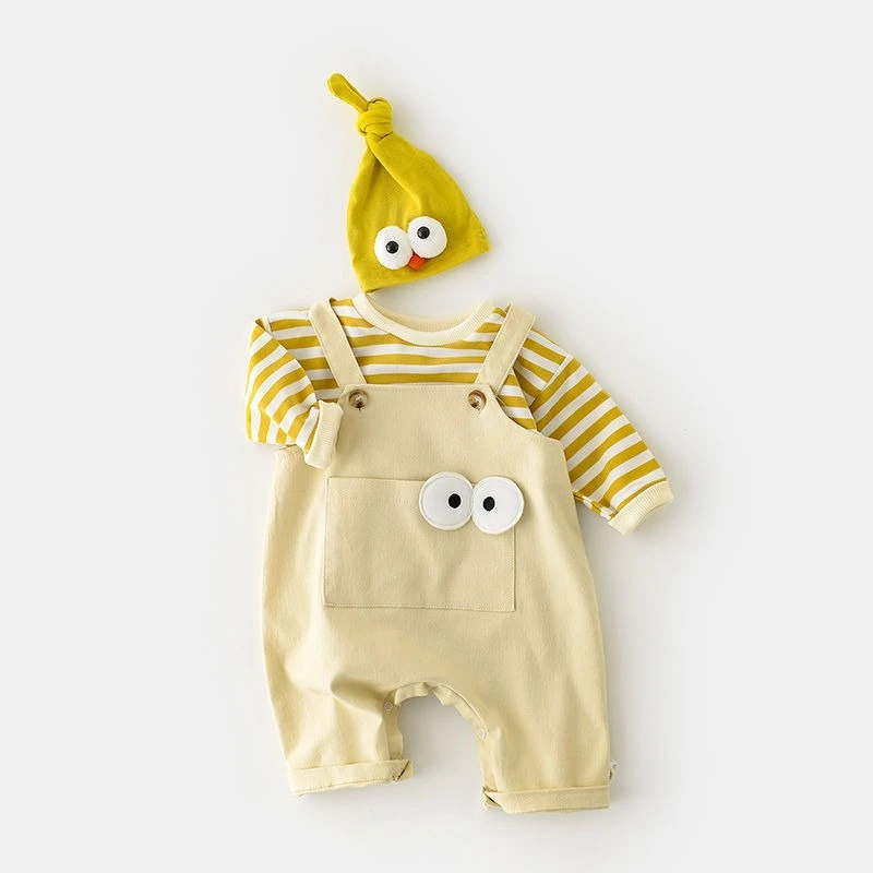 Conjunto de mameluco unisex para bebé, primavera y otoño, con sombrero, bonito top a rayas y monos con ojos de dibujos animados, traje elegante para Halloween al aire libre