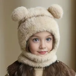 Gorro polar con orejas de oso y calentador de cuello para niña – Felpa suave