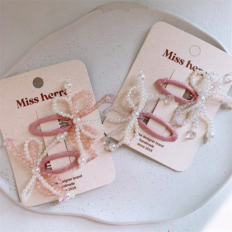 Horquilla con lazo de perlas pequeñas y frescas para niños, Clip BB de pelo roto lateral de Color sólido para niñas, Clip de flequillo para padres e hijos, primavera y verano - imagen 2