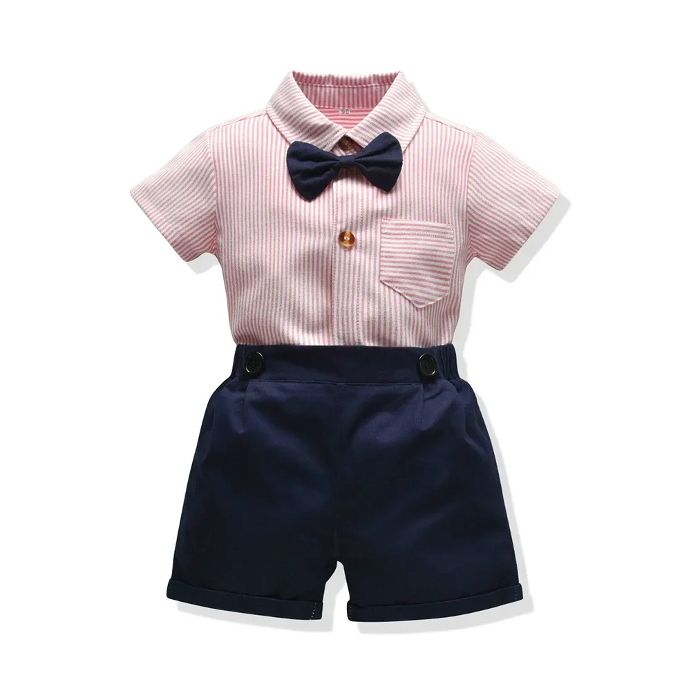 Conjunto de mamelucos de manga corta de verano para niño, camisa pelele de 70-100cm, conjunto de camisa a rayas informal y pantalones cortos para bebé - imagen 5