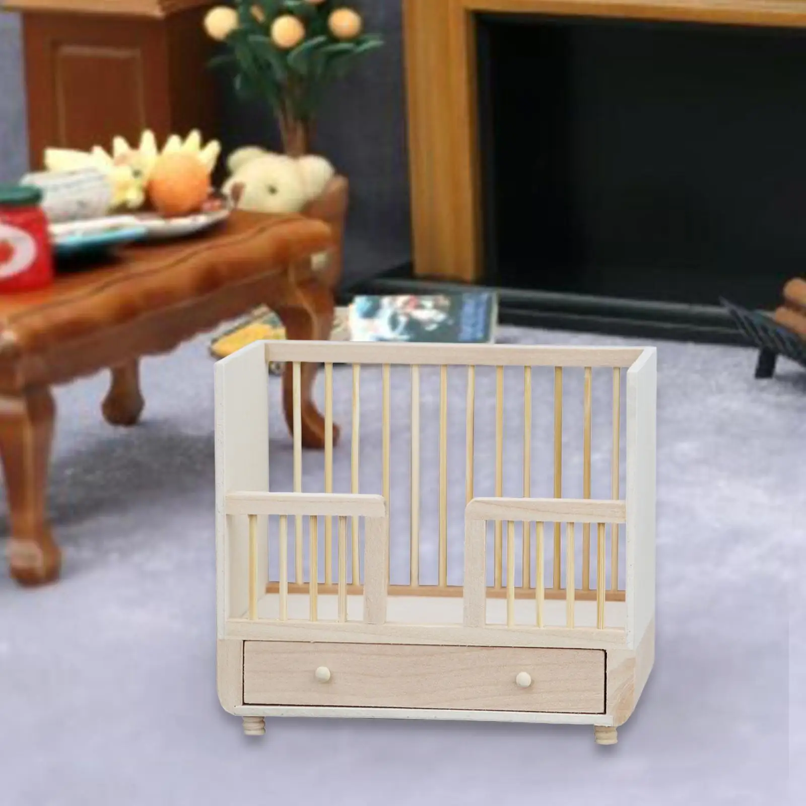 1: 12 Miniature Dollhouse Crib Bed Miniature Toddler Bed for Gift Micro Landscape Handcraft Landscape Decorations Window Display