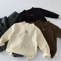 2026 niños niñas camisa cálida de invierno Top niños forro polar camiseta de manga larga letra impresa Casual cuello simulado Base camiseta