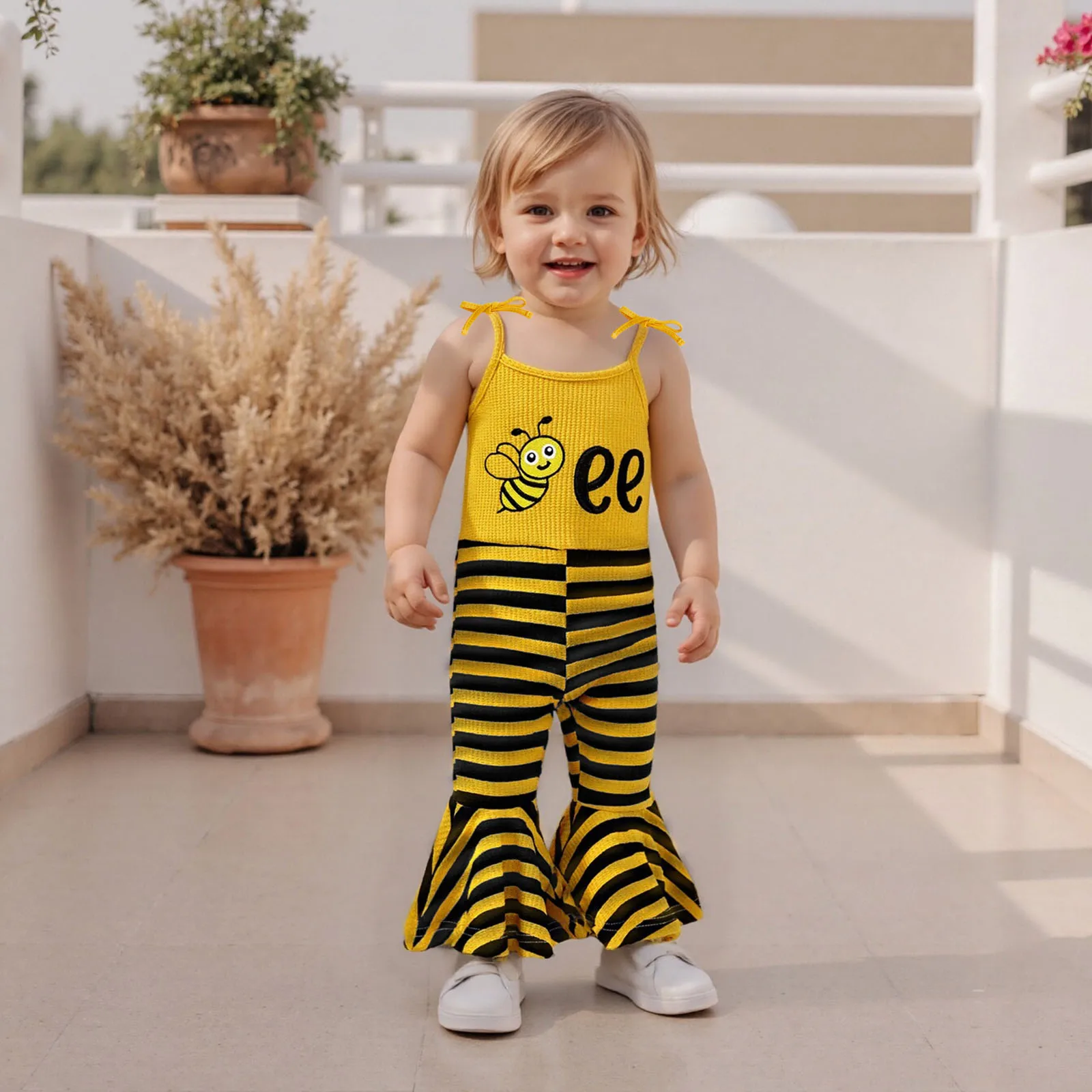 ViSgogo Mono para niñas con tirantes finos y estampado de rayas de abeja, ropa informal para fiesta - imagen 2