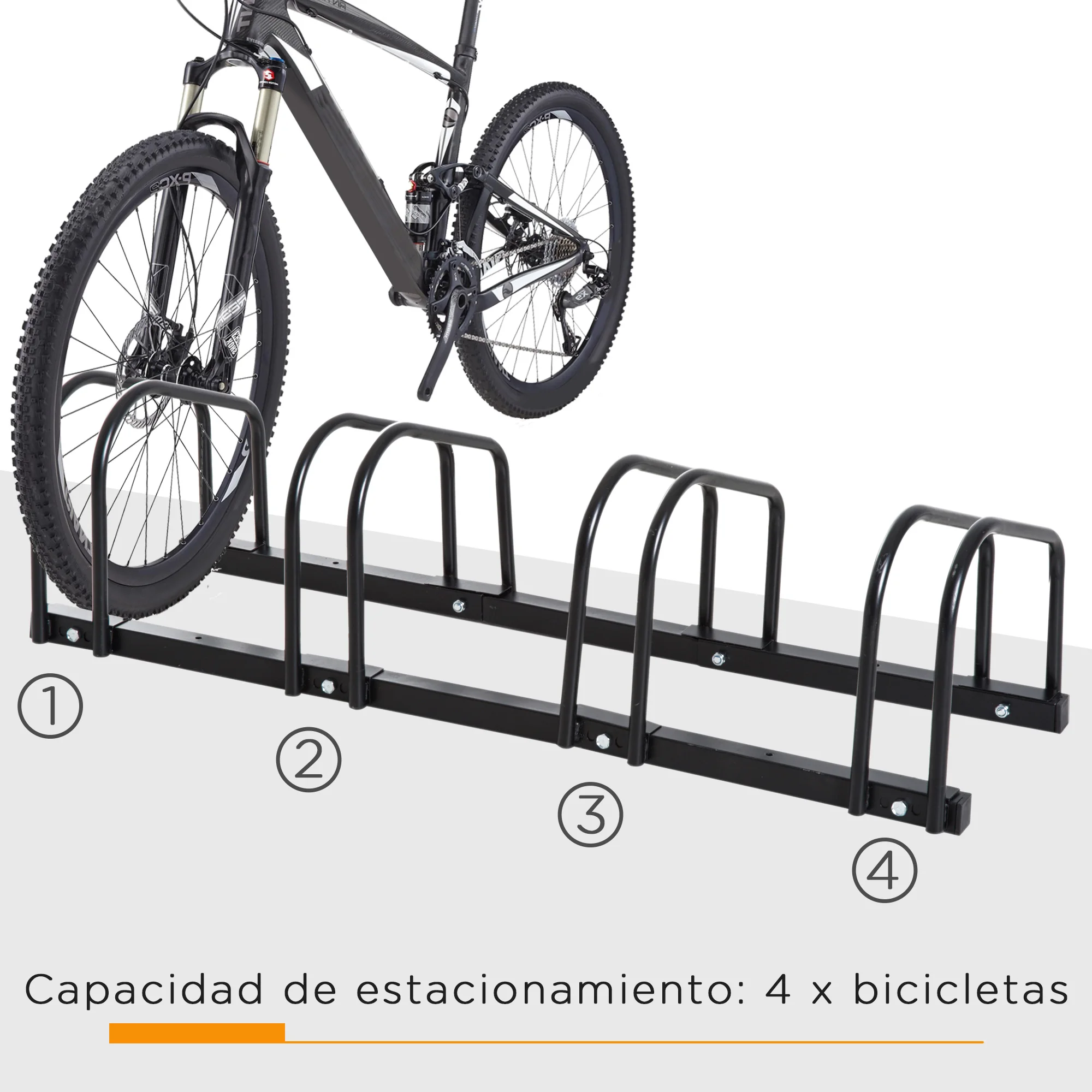 HOMCOM Aparcamiento para 4 Bicicletas Soporte de Acero para Aparcar Bicicletas en el Suelo o Pared Estacionamiento para Interior y Exterior 110x33x27 cm Negro - imagen 4