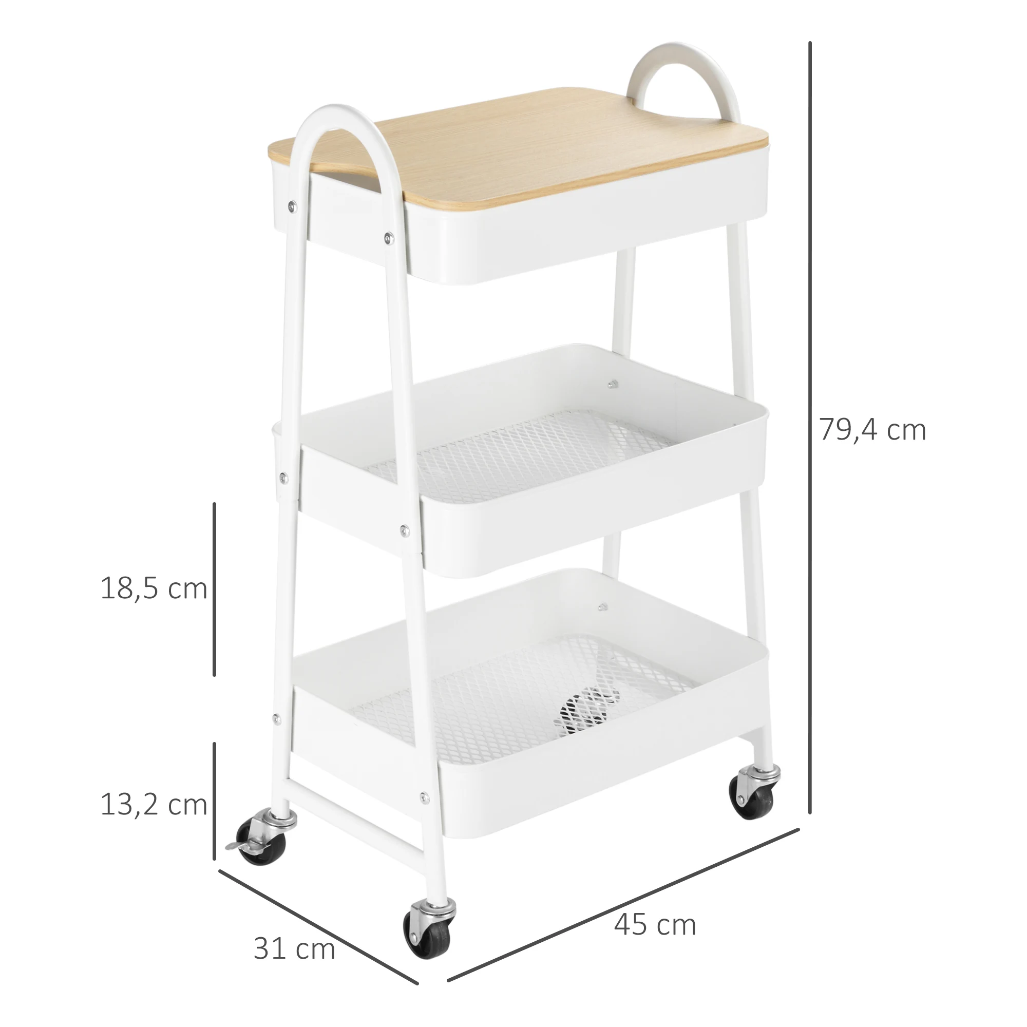 HOMCOM Carrito Auxiliar con Ruedas de 3 Niveles, Carrito de Cocina con 3 Cestas de Acero y 1 Placa de Cubierta, para Comedor, Sala Baño, 45x31x79,4 cm, Blanco - imagen 3