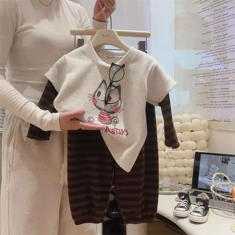 Conjunto suéter falso de manga larga y pantalón a rayas para niña - imagen 2