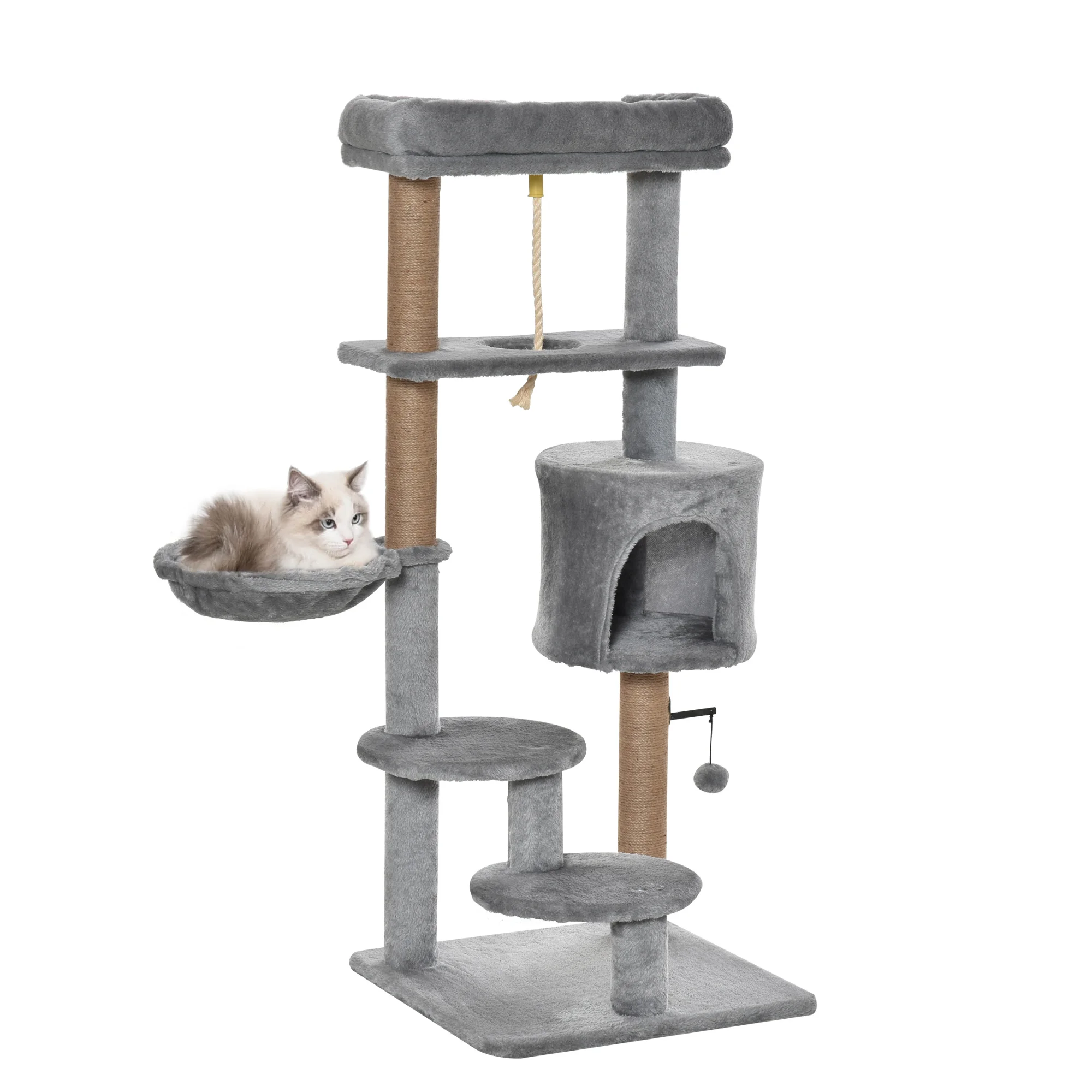 PawHut Árbol Rascador para Gatos Altura 120 cm Torre de Gatos con Plataformas Cueva Hamaca Postes de Yute Cuerda Divertida Bola Colgante 48x48x120 cm Gris